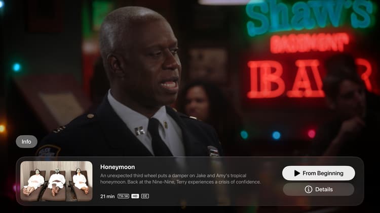 Media playing in the default tvOS player, with metadata.