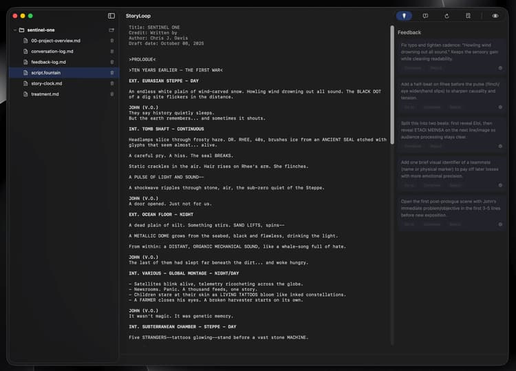 The main interface for StoryLoop with the feedback panel open.